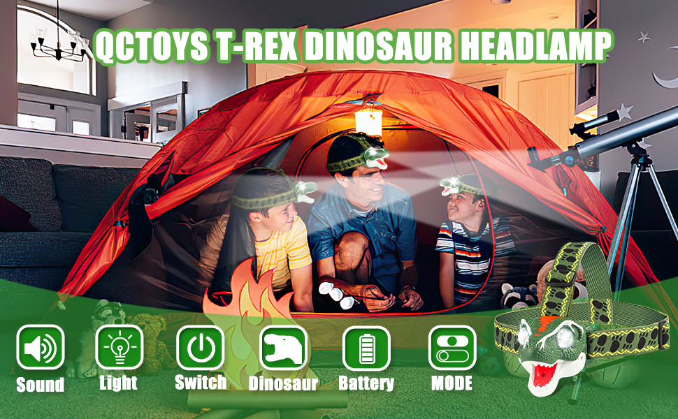 QCTOYS Dinosaur Headlamp T-Rex LED Head Torch for Kids