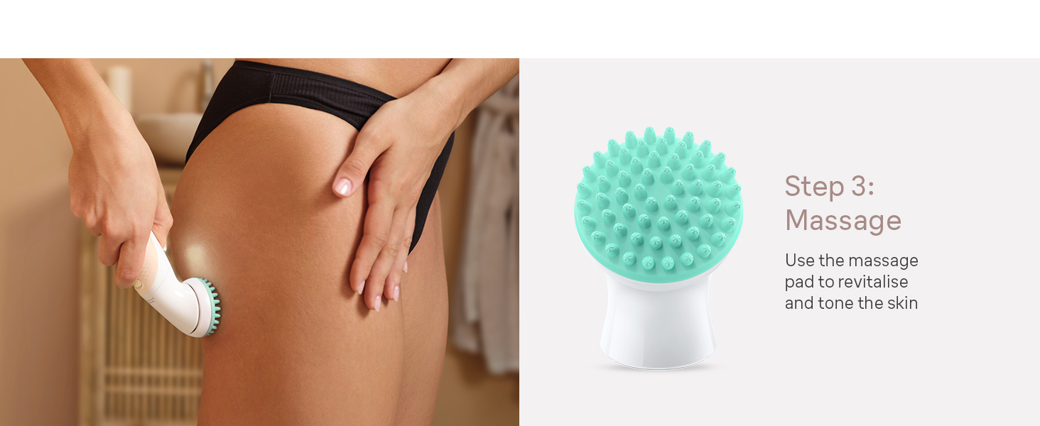 Woman massages upper thigh with the massage pad to revitalise and tone the skin.