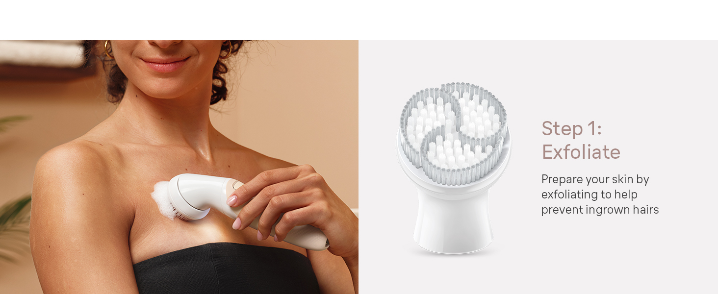 Woman exfoliates décolleté, preparing skin to help prevent ingrown hairs.