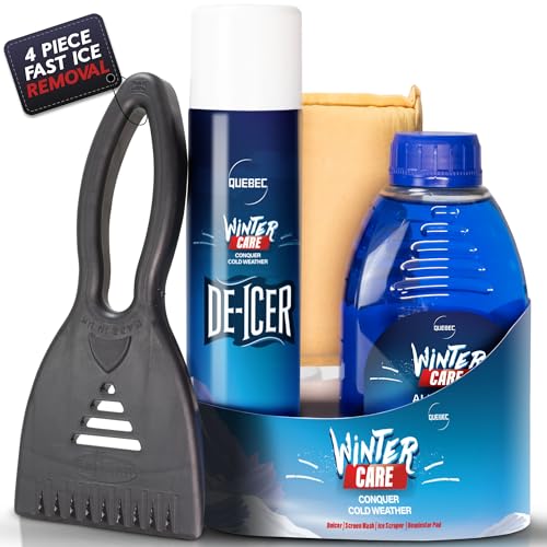 Quebec Winter Essential Gift Pack – Quick Acting Deicer 300ml – Removes Dirt and Grime Screen Wash 500ml – Prevents Re-Freezing – Ice Scraper Compact Size – Windscreen Demister Pad – Ready to Use