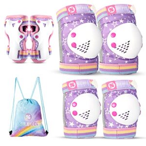 SULIFEEL Shiny Knee Pads for Kids Knee Elbow Pads Wrist Guards for Girls Boys Adjustable Protective Gear Set with Drawstring Bag Rainbow Unico