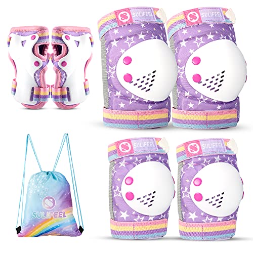 SULIFEEL Shiny Knee Pads for Kids Knee Elbow Pads Wrist Guards for Girls Boys Adjustable Protective Gear Set with Drawstring Bag Rainbow Unico