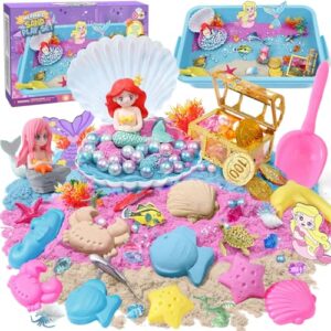 amei Play Sand for Kids Mermaid Toys Mermaid Sandbox Kit with 900g Magic Sand &Sea Animals Figures &Shell &Treasure Chest & Sensory Toys Christmas Birthday Gift for Girl Toddler Ages 3 4 5 6 7 8