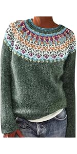 Fair Isle Jumpers for Women UK Plus Size Wool Jumper Long Sleeve Womens Jumper Crew Neck Vintage ...