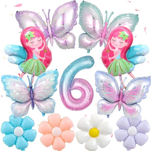 Butterfly Balloons 6th Birthday Decorations - 11 Piece Gradient Butterfly Fairy Foil Mylar Balloons Set with Giant Number 6 and Daisy Balloon Fairy Themed 6th Birthday Party Decoration for Girls