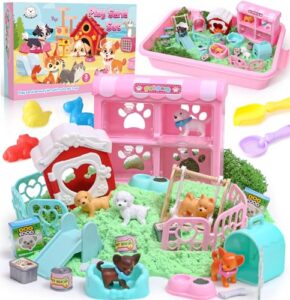 Play Sand for Kids Pet Care Pretend Play Sandbox with 1kg Magic Sand Dog Figures Playset Toy 8 Sand Mold & 5 Sand Tools Sensory Bin Sand Toys Magic Sand Play Set Gift for Kid Boys Girls (DOG)