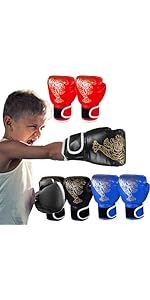 Black/Blue/Red Children's Boxing Gloves, A Pair of Children's Neutral PU Tiger Print Gloves Hand ...