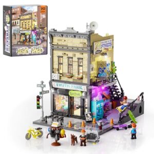 FUNWHOLE Skate-Shop Lighting Building-Bricks Set - Street Fusion City Skate Store Collection LED Light Modular Building Kit 1573 Pcs for Adults and Tee