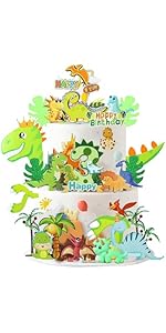 3rd Birthday Dinosaur Cake Toppers - 3D Dinosaur Theme Cake Decorations Set with Big Dinosaur Dec...