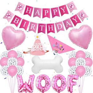 Pink Dog Birthday Party Supplies - Cute Dog Happy Birthday Banner Decorations With Hat and Bandana Woof Letter Paw Print Balloons for Pet Boys Girls Party Deco