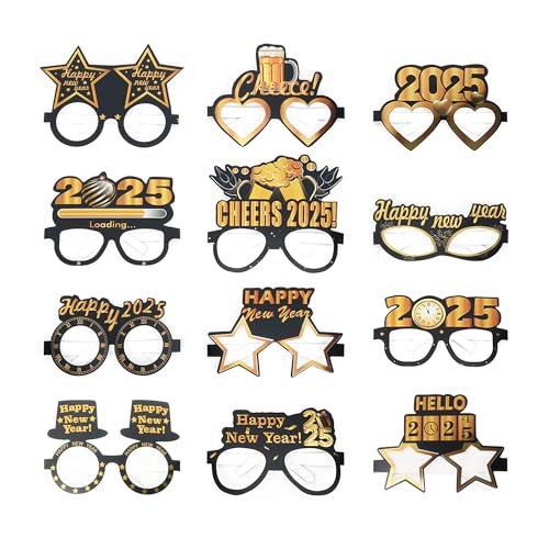 Sahunfri 12 Pcs New Years Eve Glasses 2025,Silver Card Paper Material and Durable 2025 Glasses,Suitable Happy New Year Glasses for Children and Adults