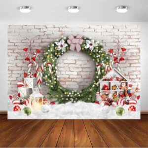Avezano Christmas Photography Backdrop Xmas White Brick Wall Background Christmas Candy Canes Xmas Wreath Background for Kids Photo Booth Props (7x5ft)