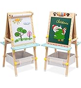 Kids Wooden Easel Double-Sided Whiteboard & Chalkboard Standing Easel No-Frame Art Easel Height A...