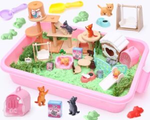 Play Sand for Kids Pet Care Pretend Play Sandbox with 1kg Magic Sand Cat Figures Playset Toy 8 Sand Mold & 5 Sand Tools Sensory Bin Sand Toys Magic Sand Play Set Gift for Kid Boys Girls (CAT)