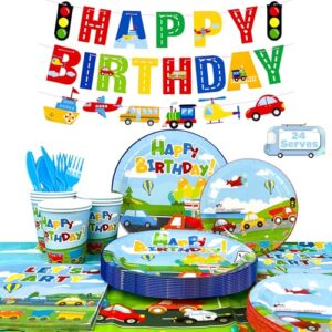 190pcs Transportation Birthday Party Supplies Tableware Set Including Car Train Plane Birthday Banner Tablecloth Plates Cups Napkins etc Transportation Theme Party Supplies for Boys Kids Birthday