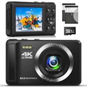 4K 64MP Digital Camera - Autofocus UHD Compact Camera - Rechargeable Vlogging Camera with 32GB Card & 2 Batteries