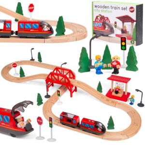 Tippi Wooden Train Set - 44 Piece Train Track With Battery Powered Train - Wooden Toys For 2
