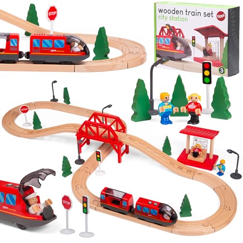 Tippi Wooden Train Set - 44 Piece Train Track With Battery Powered Train - Wooden Toys For 2