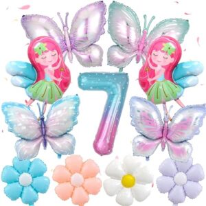 Butterfly Balloons 7th Birthday Decorations - 11 Piece Gradient Butterfly Fairy Foil Mylar Balloons Set with Giant Number 7 and Daisy Balloon Fairy Themed 7th Birthday Party Decoration for Girls
