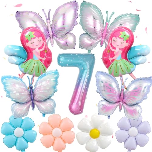 Butterfly Balloons 7th Birthday Decorations - 11 Piece Gradient Butterfly Fairy Foil Mylar Balloons Set with Giant Number 7 and Daisy Balloon Fairy Themed 7th Birthday Party Decoration for Girls
