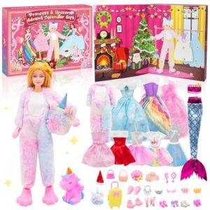 Advent Calendar 2024 with Doll Accessories Toys: 24 Days Countdown Christmas advent calendar Princess & Unicorn Doll Toys Dress Up Clothes Set for Kids Girls Christmas stocking fillers Christmas Gifts