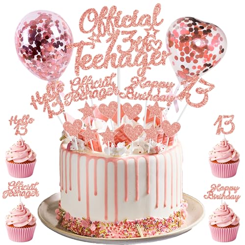 13th Birthday Cake Topper Decorations - Rose Gold Glitter Cupcake Toppers