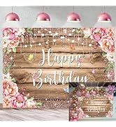 Floral Happy Birthday Backdrop for Women 7x5FT Burgundy Flowers Rose Gold Glitter Bokeh Photograp...
