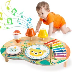Fullware Kids Drum Kit for 1 2 3 4 Year Old Musical Instruments Wooden Montessori Toys Set with Xylophone Maraca Percussion Baby Sensory Toys for Girl Boy Toddler Birthday Gif