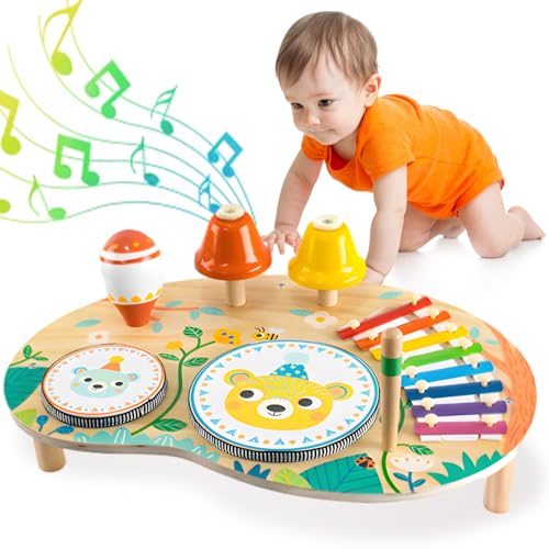 Fullware Kids Drum Kit for 1 2 3 4 Year Old Musical Instruments Wooden Montessori Toys Set with Xylophone Maraca Percussion Baby Sensory Toys for Girl Boy Toddler Birthday Gif