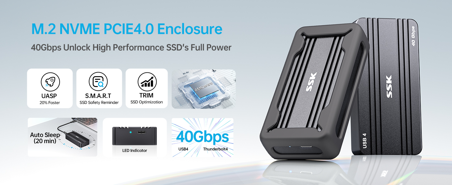 SSK M.2 SSD Enclosure 40Gbps, Thunderbolt NVMe Enclosure PCIe4, NVMe to USB 4 Adapter SSD Case