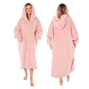 Sienna Extra Long Oversized Blanket Hoodie Wearable Throw with Pockets Sleeves Soft Sherpa Fleece Wearable Throw Giant Sweatshirt
