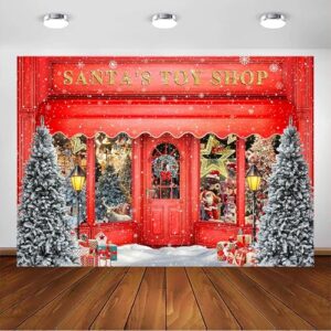 Avezano Christmas Santa's Toy Shop Backdrop Red Shop Xmas Tree Photography Background Christmas Family Holiday Party Supplies Decor Photo Studio Props (7x5ft)