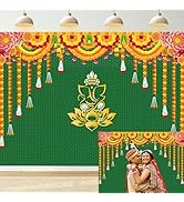 Indian Traditional Backdrop 7x5FT Green Curtain Boho Flowers Umbrella Background for Wedding Birt...