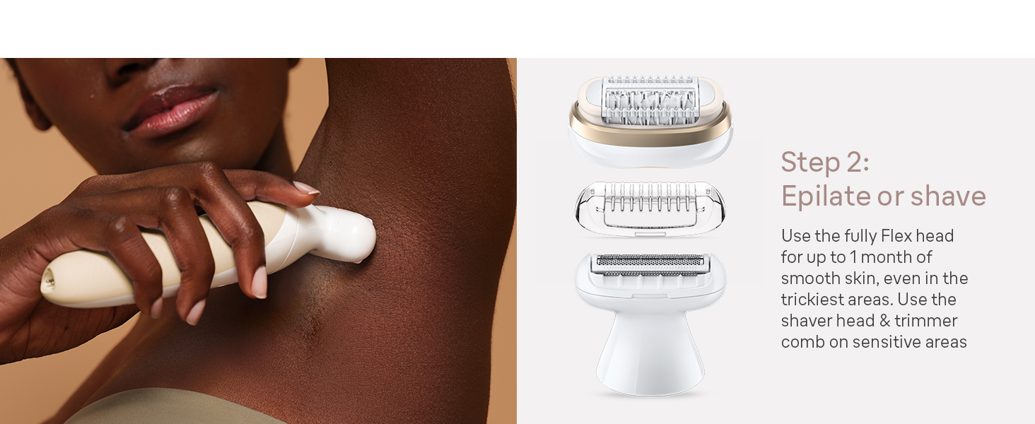 Woman uses Silk-épil on armpit to epilate with Flex head or shave the shaver head.