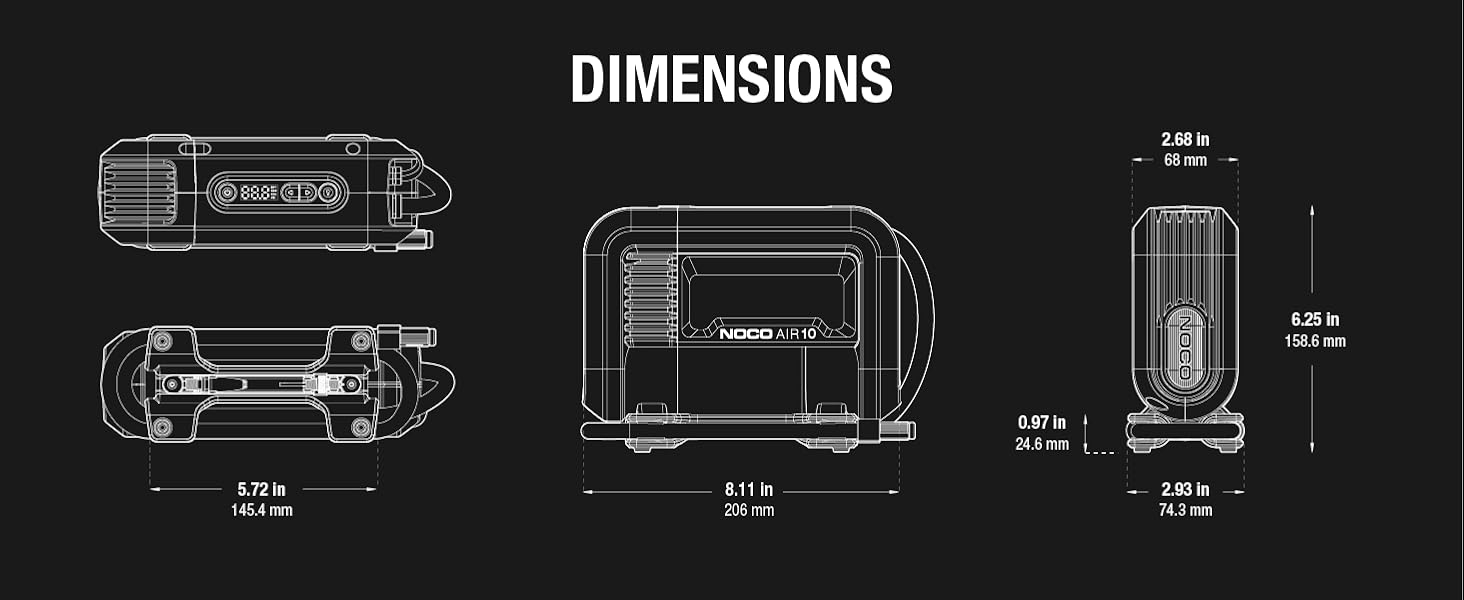 The dimensions of your handheld air inflator, making it the ultimate heavy duty tyre inflator