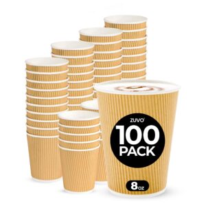 Zuvo Coffee Cups 8 OZ - NO Lids - 100 Disposable Brown Ripple Coffee Cups - Ideal for Takeaways