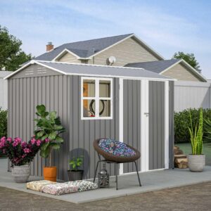 BIRCHTREE Garden Shed Steel Apex Roof House Outdoor Backyard Storage With Lockable Double Doors Window Free Foundation Tool Equipment Organizer Air Vents 8x6FT Grey