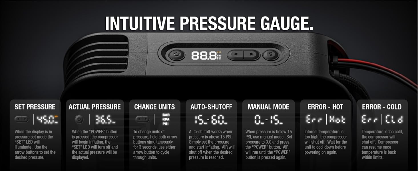A digital tyre inflator with an intuitive pressure gauge for precision tire inflation accuracy