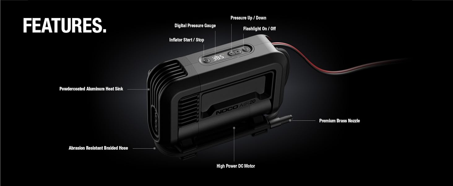 An air compressor with unique features: digital display, brass nozzle, aluminum heat sink and more