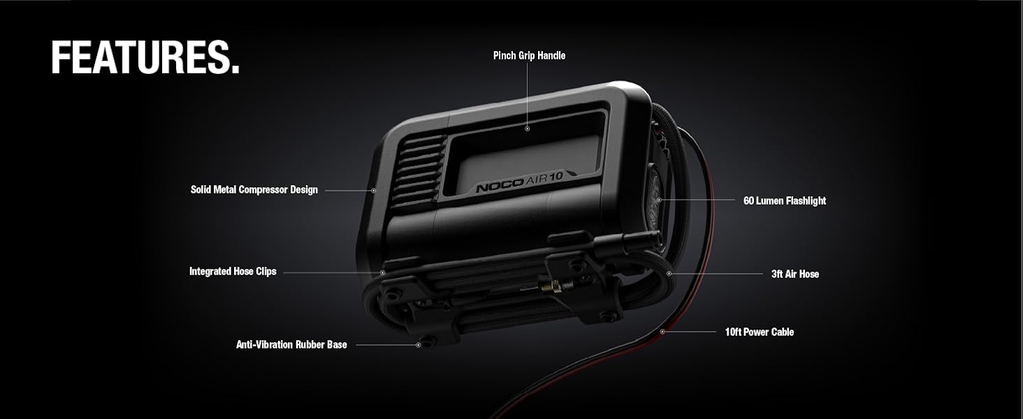 An air compressor with unique features: anti-vibration base, metal design, LED flashlight and more