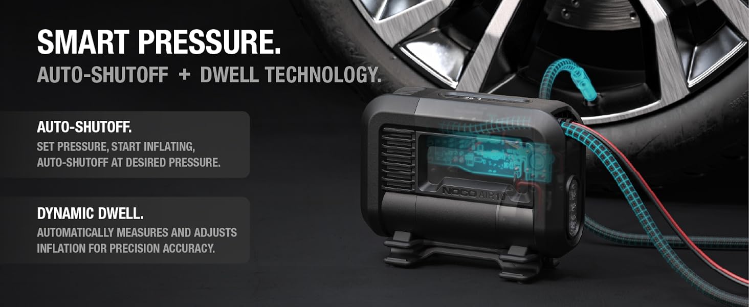A tyre inflator and portable air compressor with auto-shutoff, dwell technology, and smart pressure