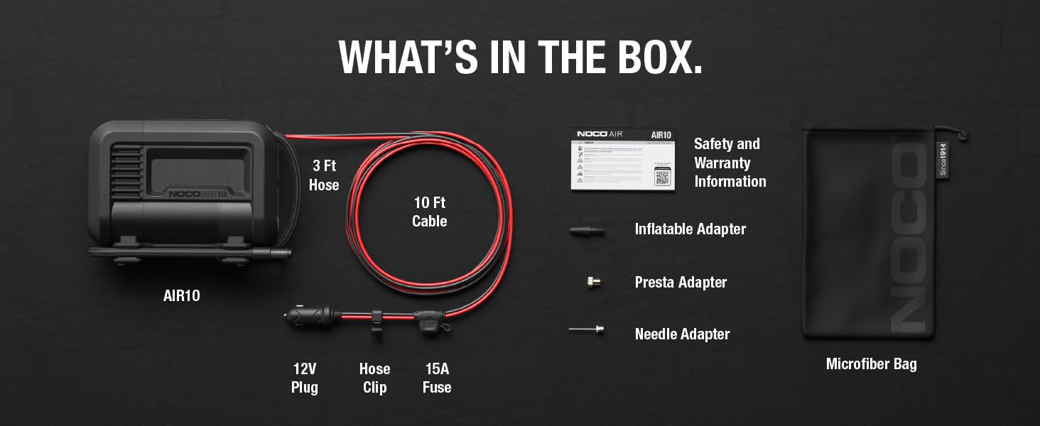 Included in the box are a 60 PSI tyre inflator and portable air compressor, hose adapters and more