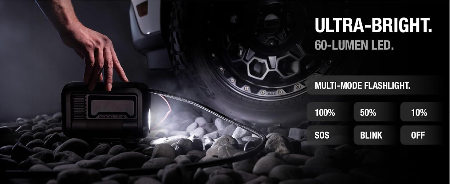 A portable air compressor with a 60-lumen LED flashlight with multiple light modes