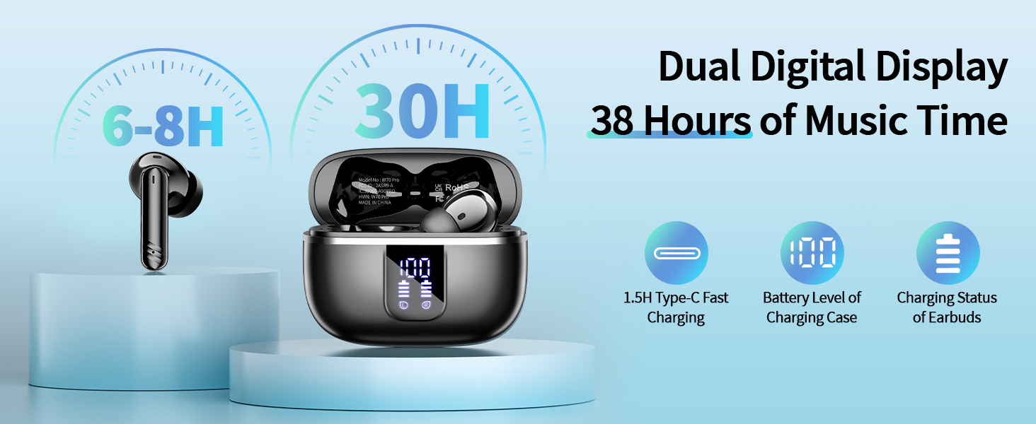 bluetooth earbuds Dual Digital Display 38 Hours of Music Time