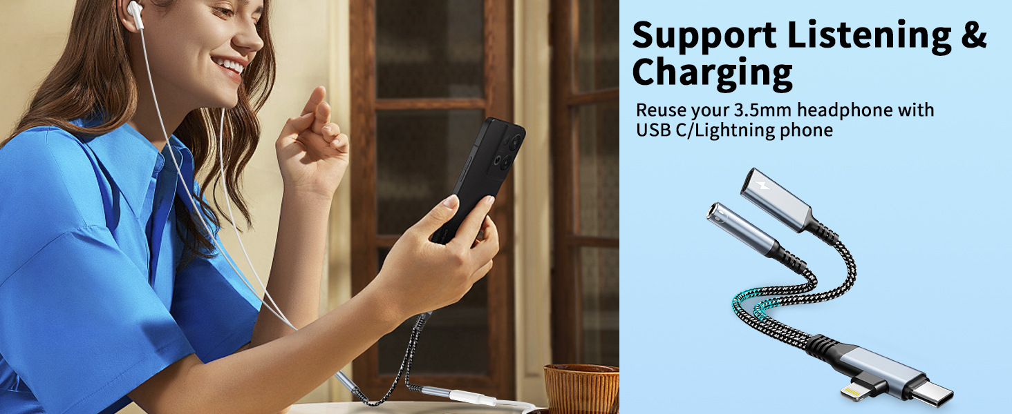 Lightning/USBC to 3.5mm AUX Audio and USBC Charger Splitter