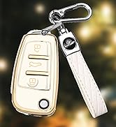 FT Funtor Car Key Cover for VW, TPU Silicone Gold Border Remote Key Protective Cover with Leather...