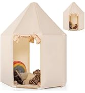 GYMAX Kids Playhouse, 6 in 1 Play Tent with Climbing Wall, White Board, Basketball Hoop, Soccer G...