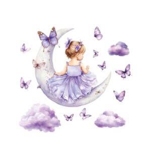 PLIGREAT 2 Sheets Cute Moon Girl Wall Decals Purple Butterfly Cloud Wall Stickers DIY Removable Colorful Princess Room Decor Peel and Stick Wall Decals for Girls Bedroom Nursery Playroom