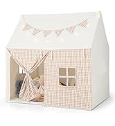 GYMAX Kids Tent, Wooden Large Children Play Tent with Star Lights, Washable Cotton Mat, Windows &...