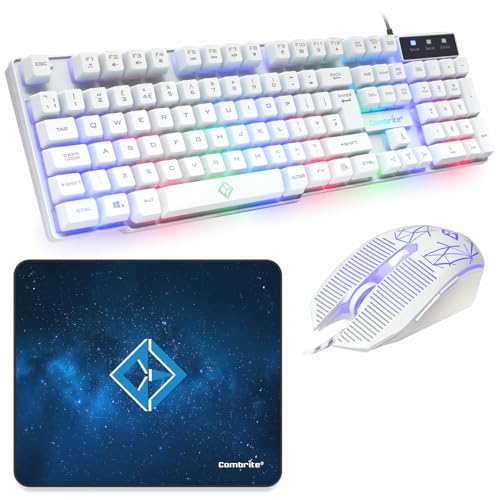 Combrite Raptor White Gaming Keyboard And Mouse Set With Large Mouse Pad